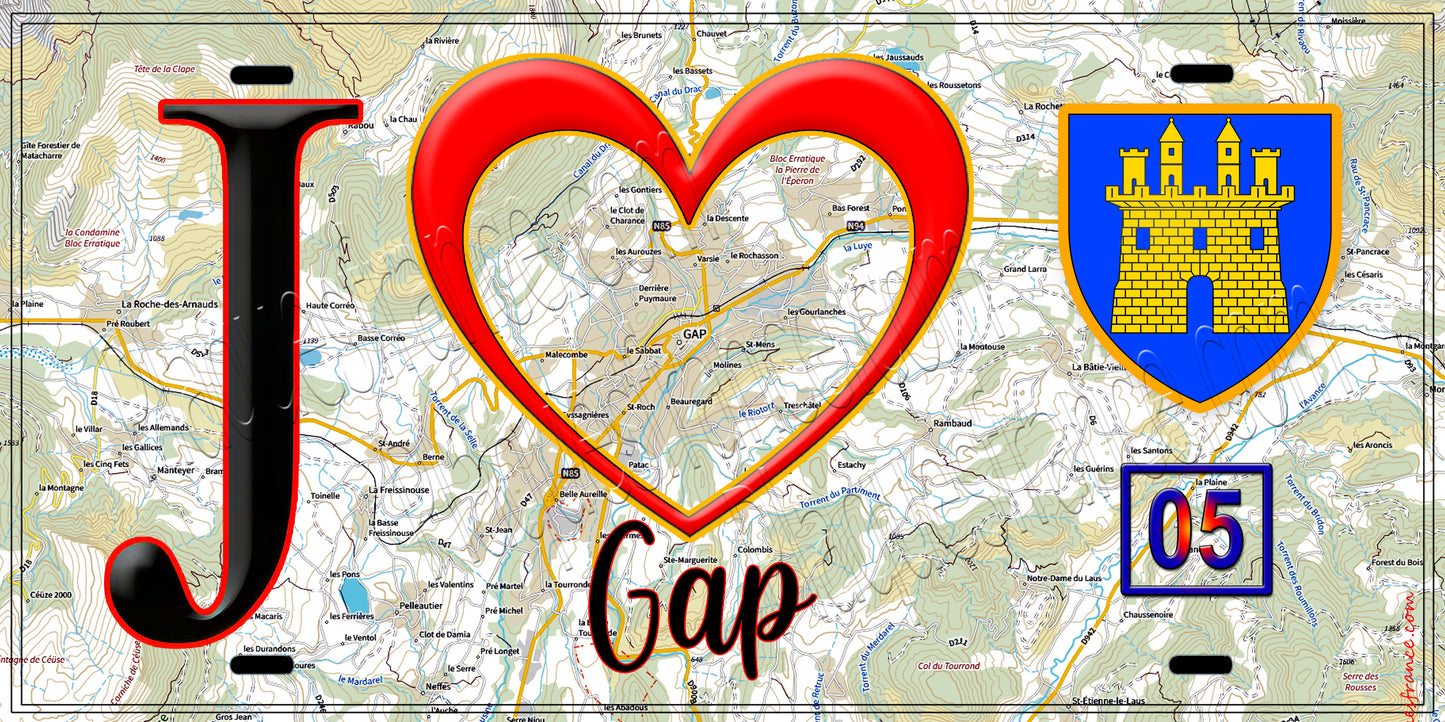 Plaque métal décorative, J' ❤️Gap, Hautes Alpes 05 fond carte