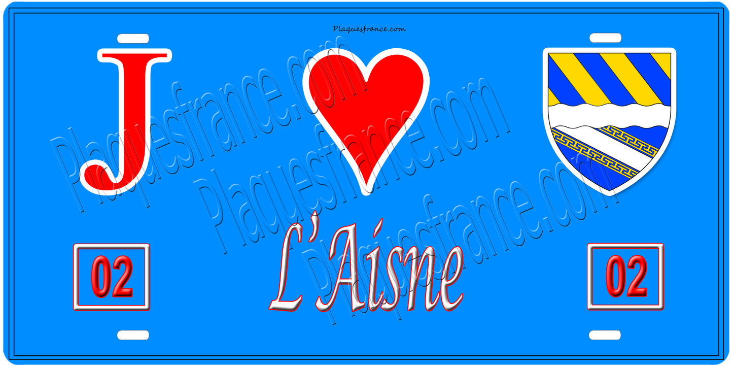 Plaque métal décorative, J' ❤️L'Aisne (02), région Hauts de France