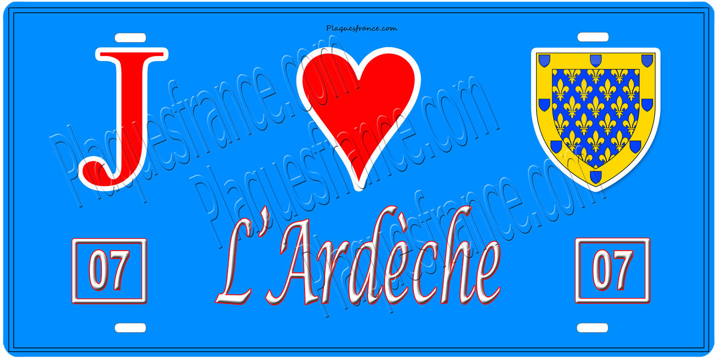 Plaque métal décorative, J' ❤️L'Ardèche (07), région Auvergne Rhône Alpes, France