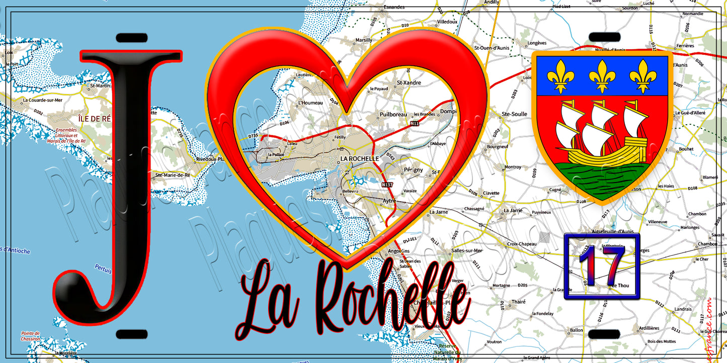 Plaque métal décorative, J' ❤️La Rochelle, Charente Maritime (17) fond carte