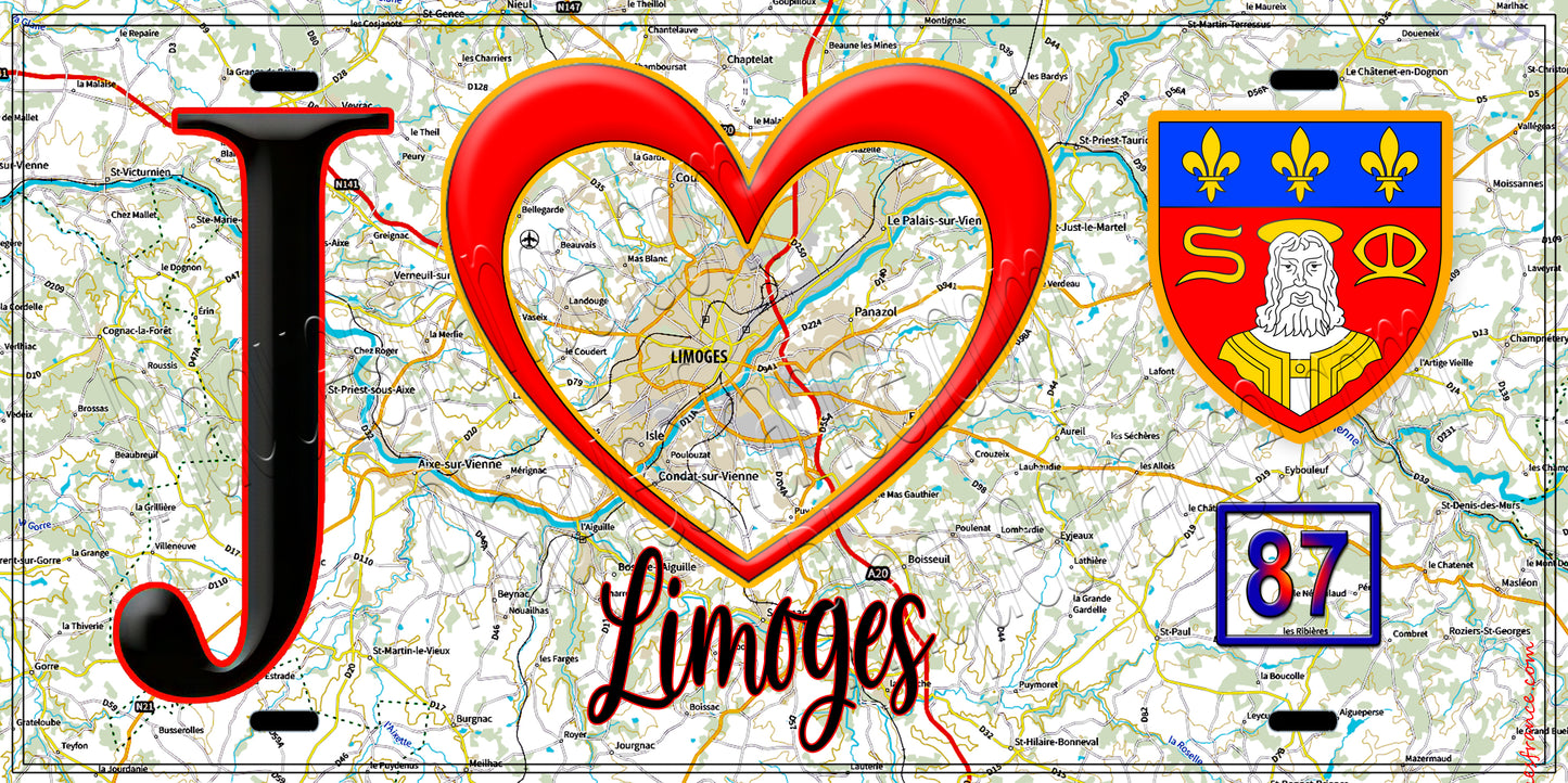 Plaque métal décorative, J' ❤️Limoges, Haute Vienne 87 fond carte