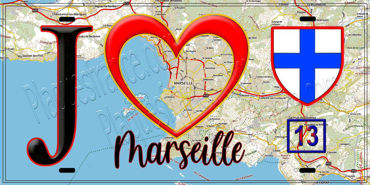 Plaque métal décorative, J' ❤️Marseille, Bouches du Rhône (13) fond carte
