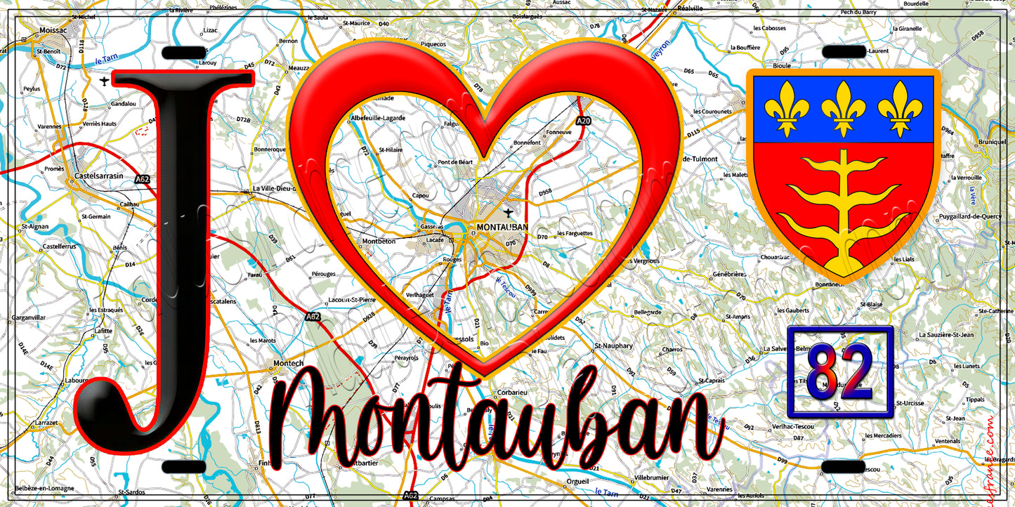 Plaque métal décorative, J' ❤️Montauban, Tarn et Garonne 82 fond carte