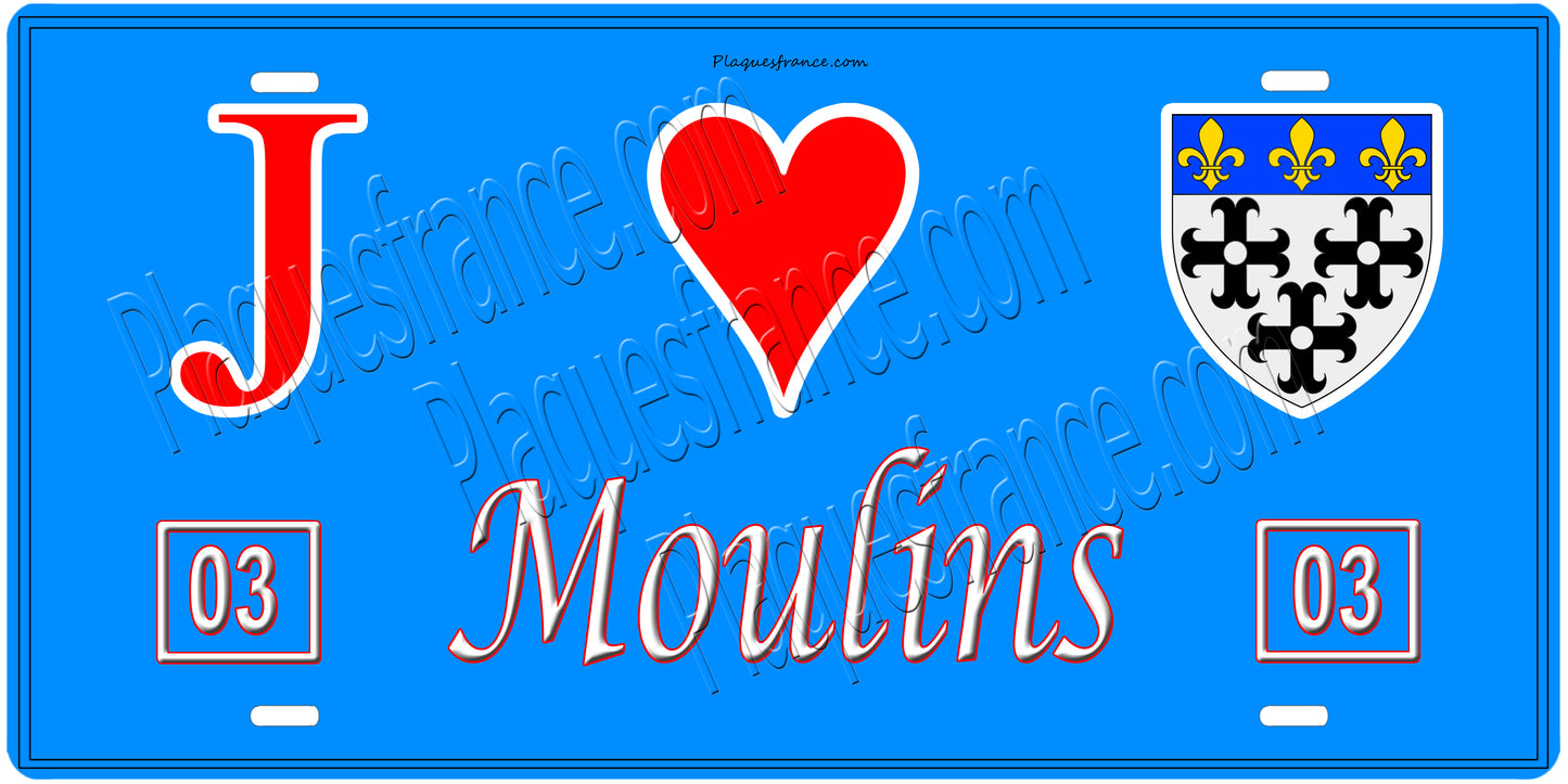 Plaque métal décorative, J' ❤️Moulins, Allier (03)