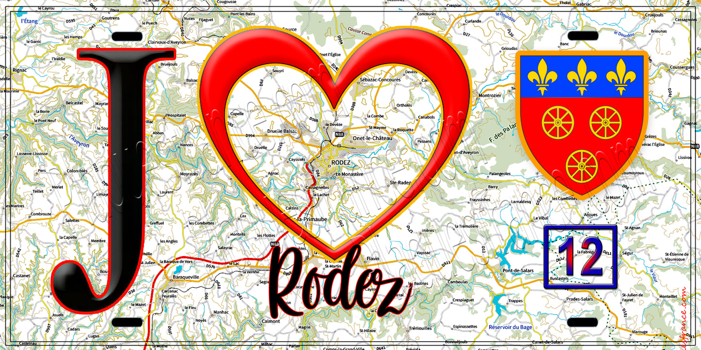 Plaque métal décorative, J' ❤️Rodez, Aveyron (12) fond carte