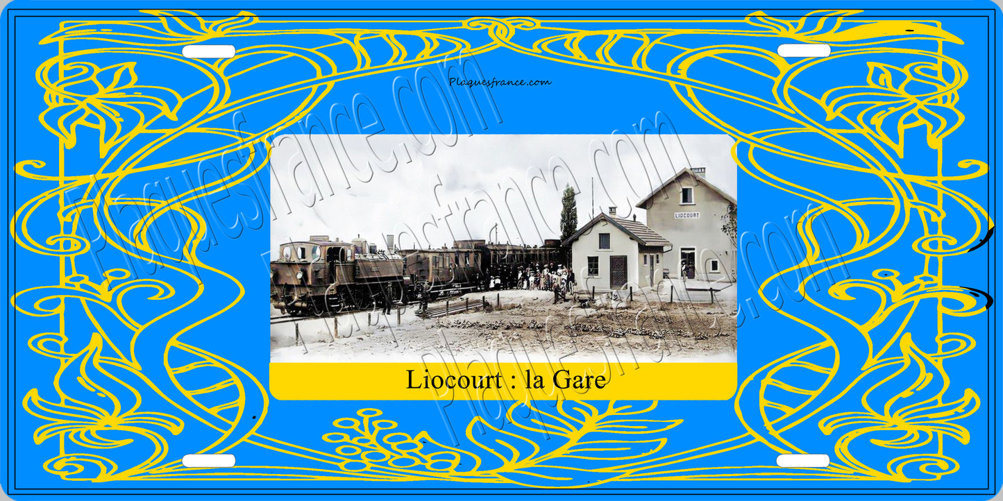Plaque métal décorative 15 x 30 cm carte postale ancienne : la Gare de Liocourt, canton du Saulnois Moselle 57