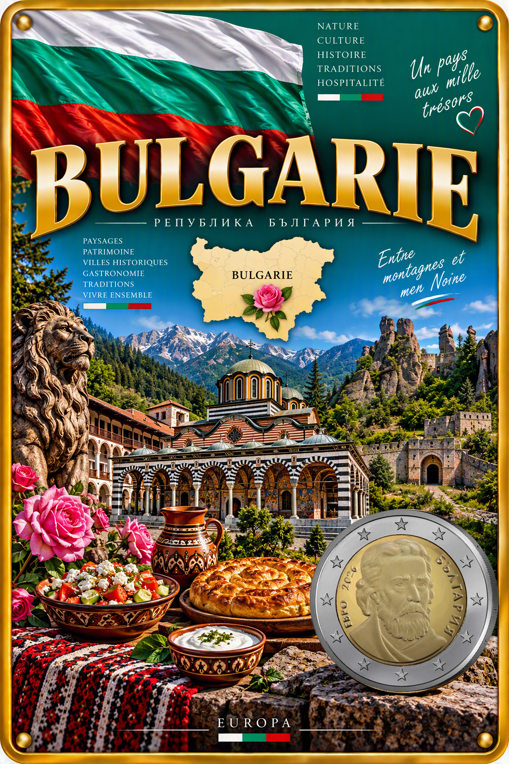 Plaque métal décorative Bulgarie 20 x 30 cm, version euro, patrimoine, traditions et symboles bulgares