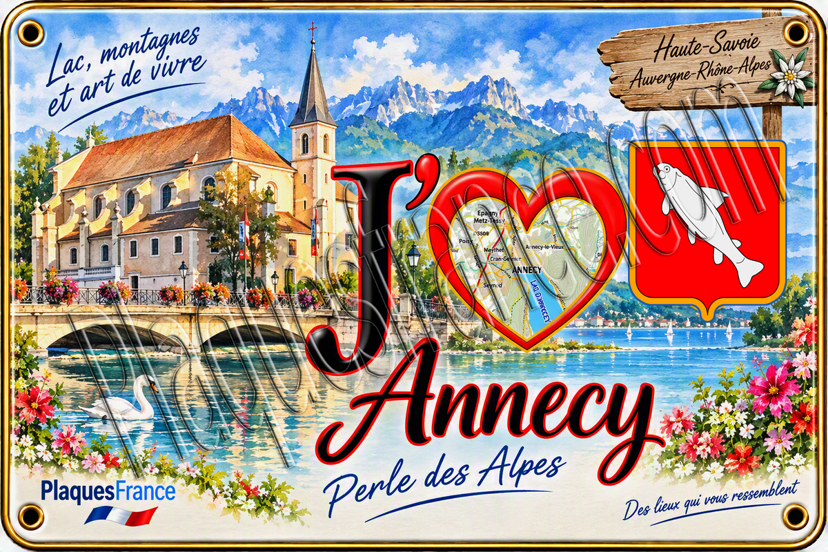 Plaque métal décorative J' ❤️ Annecy, Haute Savoie (74)