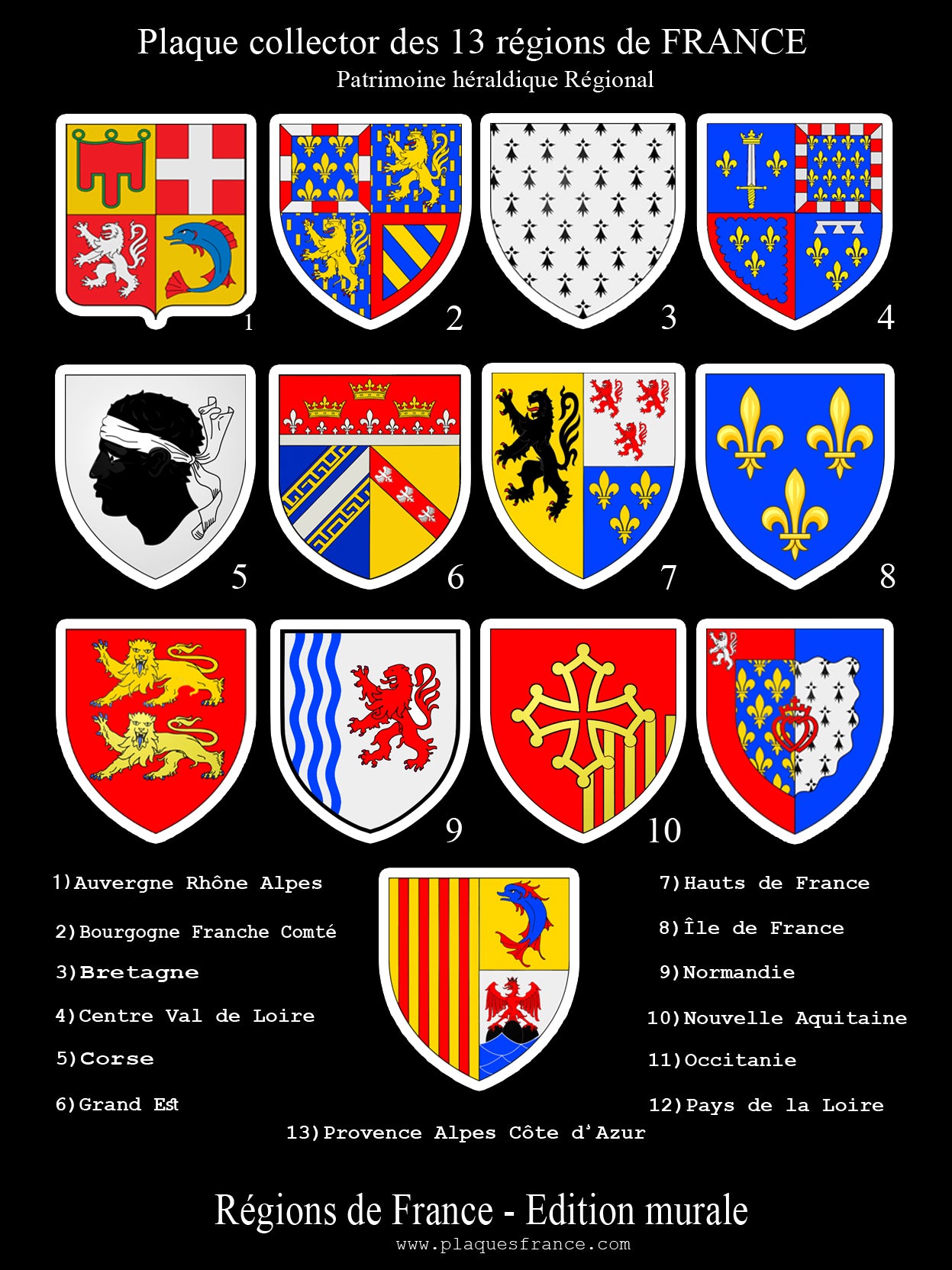 Plaque métal décorative Collector Les 13 régions de France (Copie Albestroff)