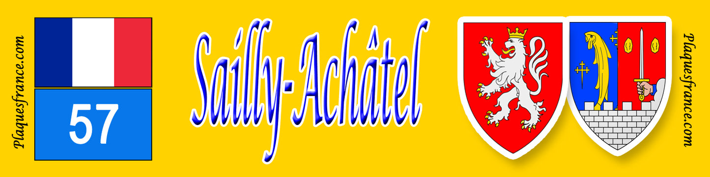 Plaque métal décorative 10 x 40 cm fond jaune Sailly Achâtel, canton du Saulnois, Moselle 57