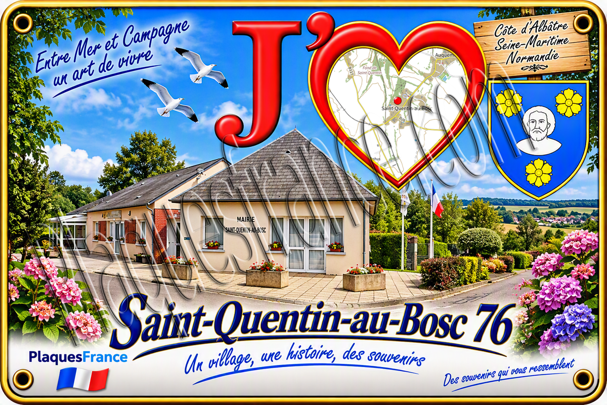 Plaque métal décorative 20 cm x 30 cm J' ❤️ Saint-Quentin-au-Bosc, Seine Maritime (76)
