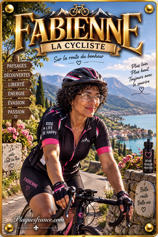 Plaque métal décorative, Fabienne La Cycliste