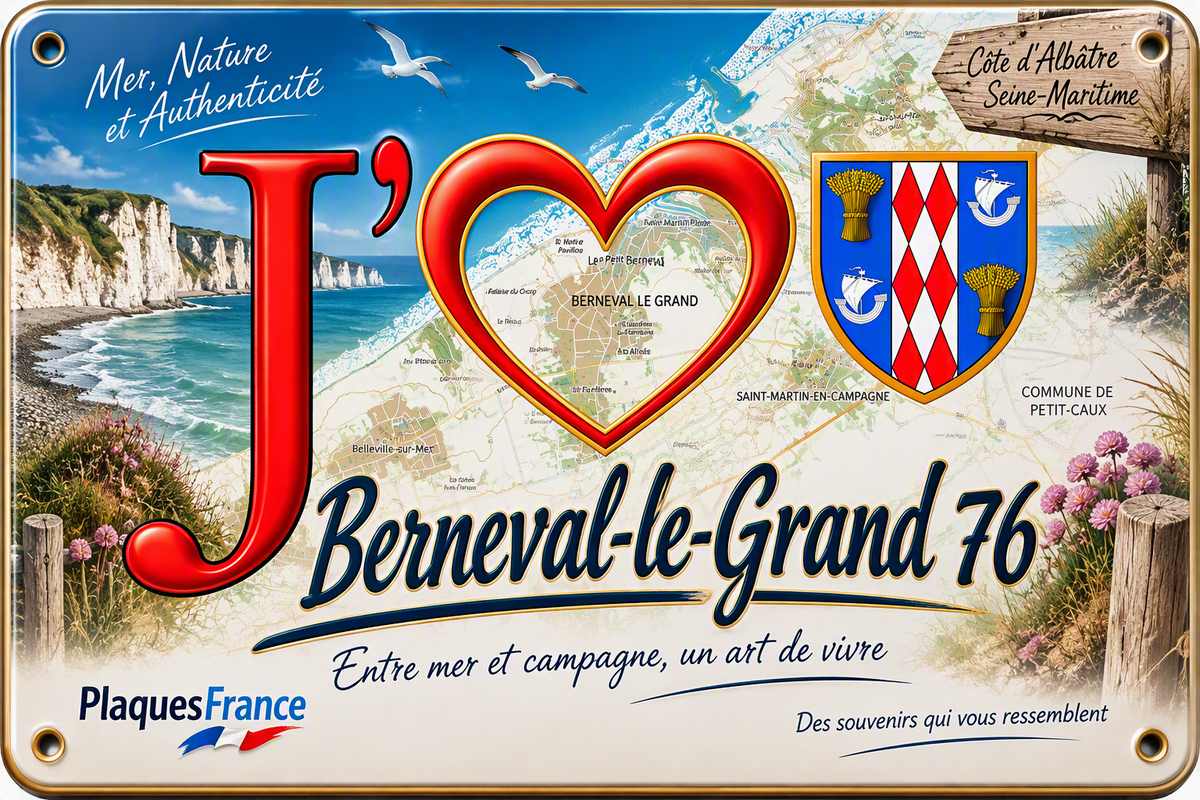 Plaque métal décorative 20 cm x 30 cm J' ❤️ Berneval-le-Grand, Seine Maritime (76)