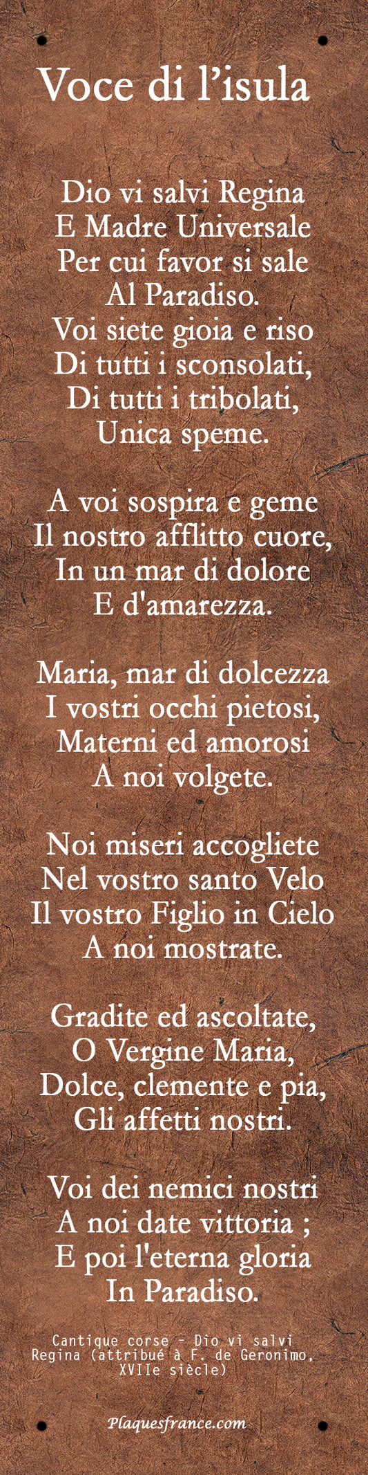 Plaque métal décorative 10 × 40 cm – fond papier foncé – Dio vi salvi Regina – hymne traditionnel corse