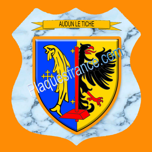 Plaque métal décorative format écusson Ø 30cm fond marbre blason Audun-le-Tiche, Moselle 57