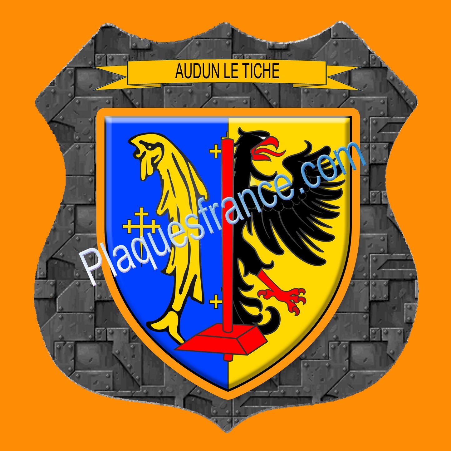 Plaque métal décorative format écusson Ø 30cm fond plaques métal blason Audun-le-Tiche, Moselle 57