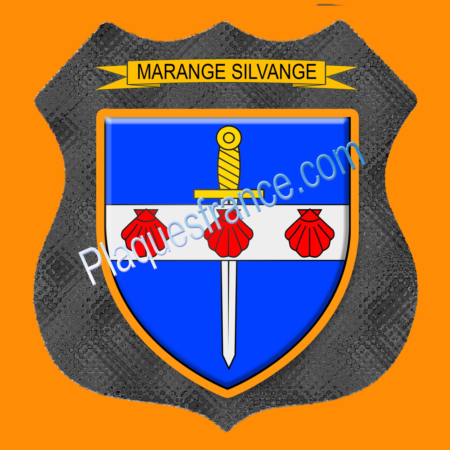 Plaque métal décorative format écusson Ø 30cm fond métal+verre  blason Marange-Silvange, Moselle 57