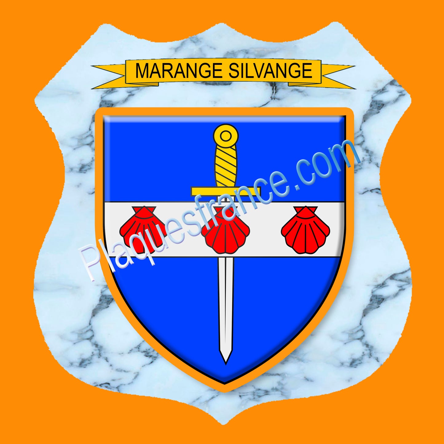 Plaque métal décorative format écusson Ø 30cm fond marbre  blason Marange-Silvange, Moselle 57