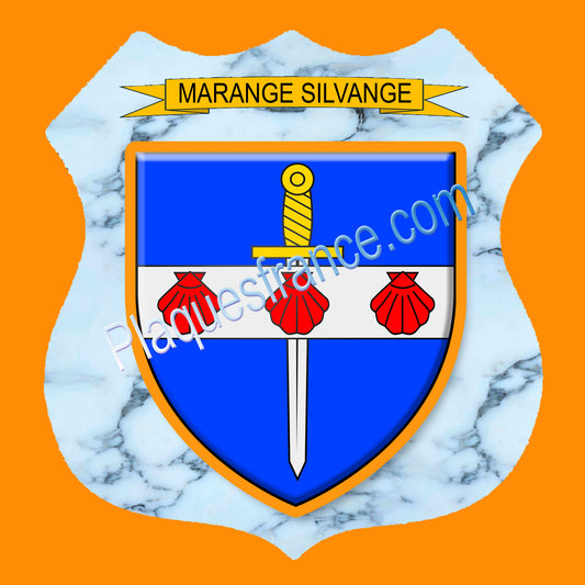 Plaque métal décorative format écusson Ø 30cm fond marbre  blason Marange-Silvange, Moselle 57