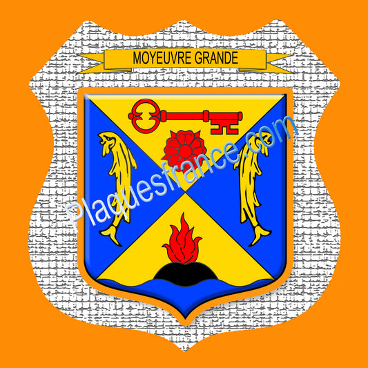 Plaque métal décorative format écusson Ø 30cm fond craquelures blason Moyeuvre-Grande, Moselle 57