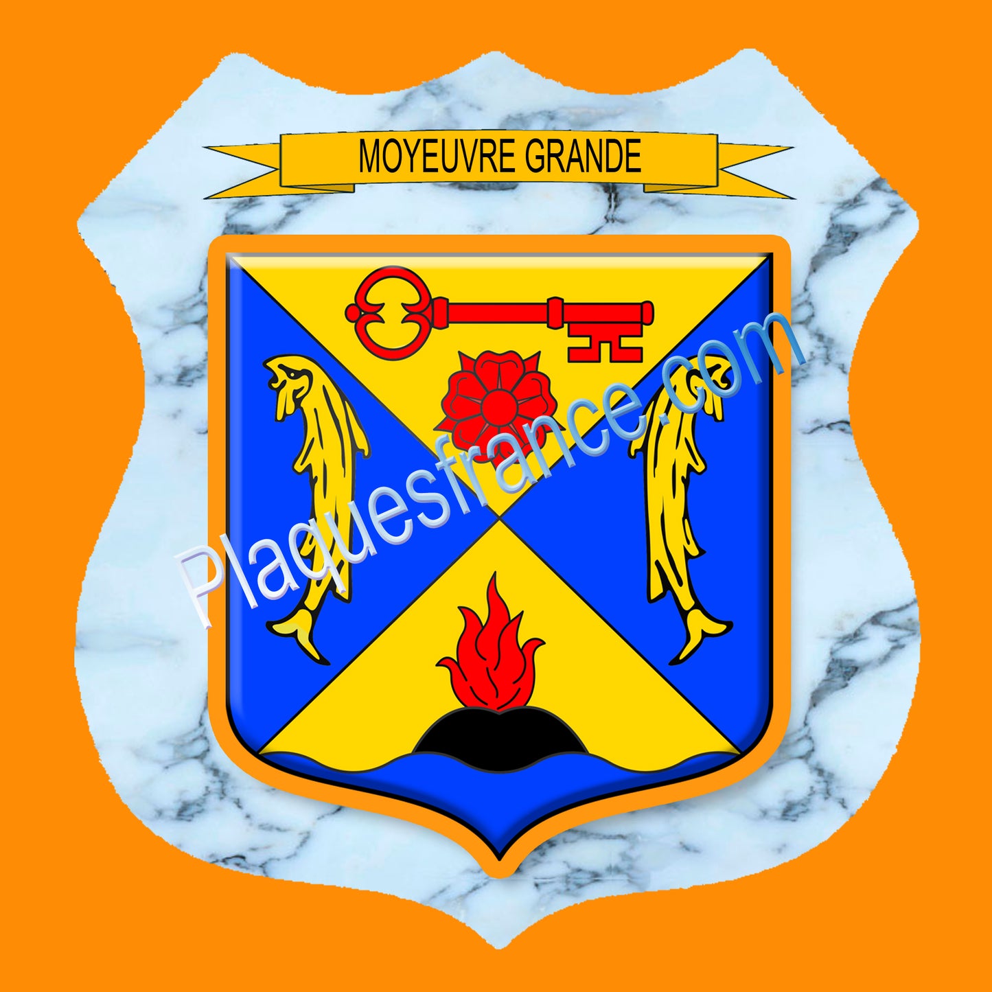 Plaque métal décorative format écusson Ø 30cm fond marbre blason Moyeuvre-Grande, Moselle 57