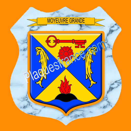 Plaque métal décorative format écusson Ø 30cm fond marbre blason Moyeuvre-Grande, Moselle 57