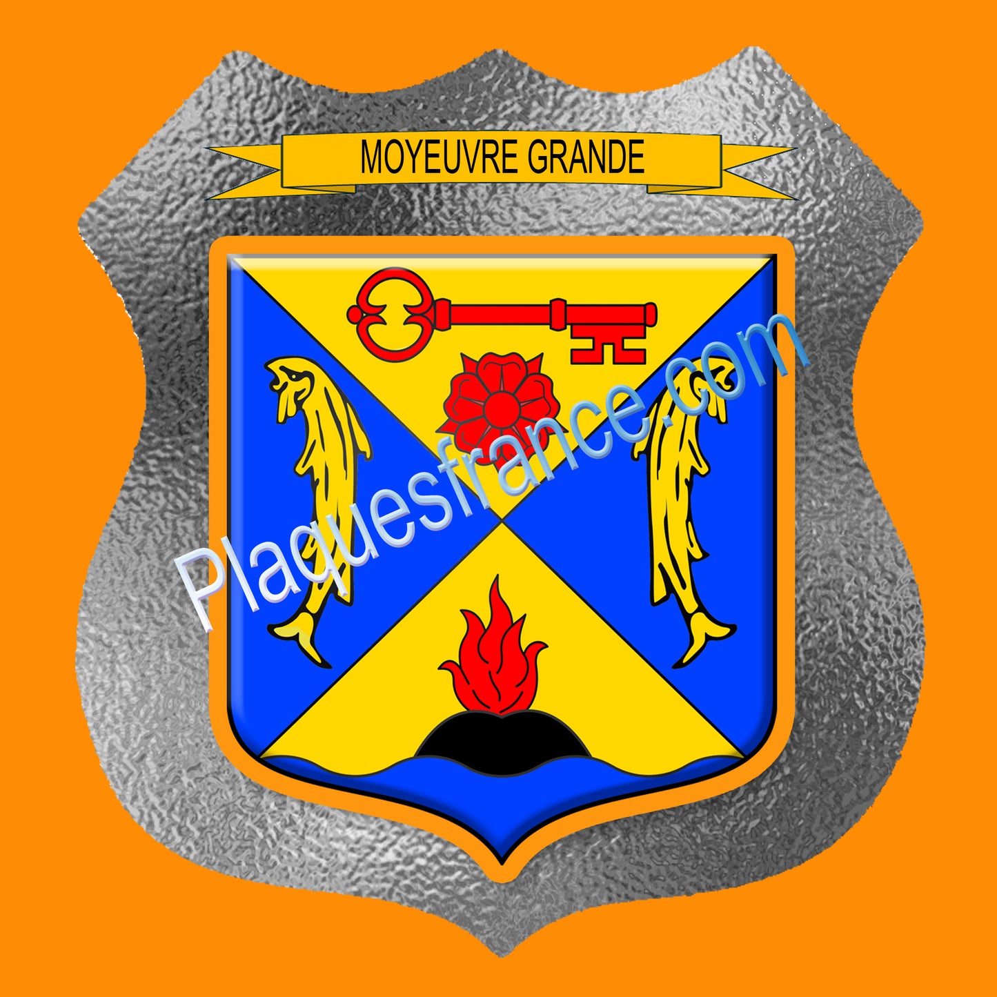 Plaque métal décorative format écusson Ø 30cm fond verre dépoli blason Moyeuvre-Grande, Moselle 57