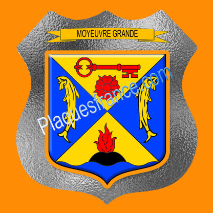 Plaque métal décorative format écusson Ø 30cm fond verre+méta blason Moyeuvre-Grande, Moselle 57