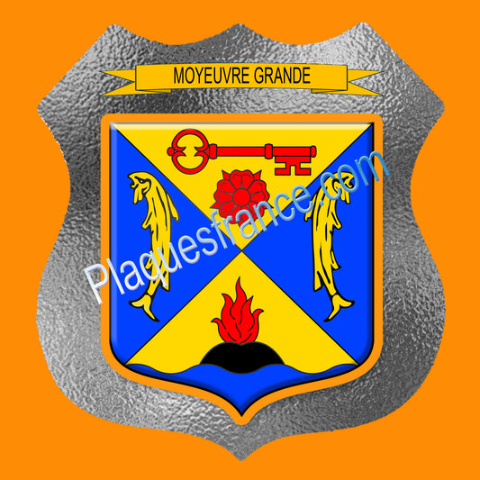 Plaque métal décorative format écusson Ø 30cm fond verre+méta blason Moyeuvre-Grande, Moselle 57