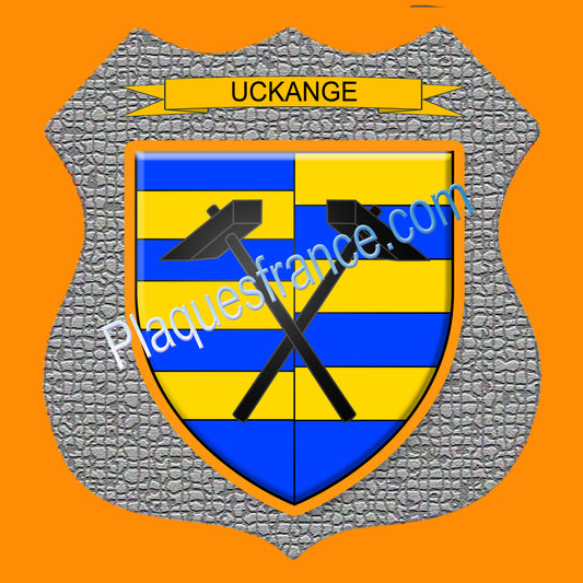 Plaque métal décorative format écusson Ø 30cm fond mozaique blason Uckange, Moselle 57