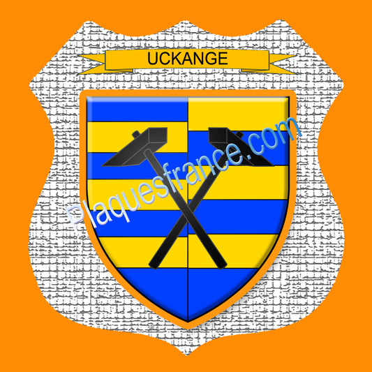 Plaque métal décorative format écusson Ø 30cm fond craquelures blason Uckange, Moselle 57