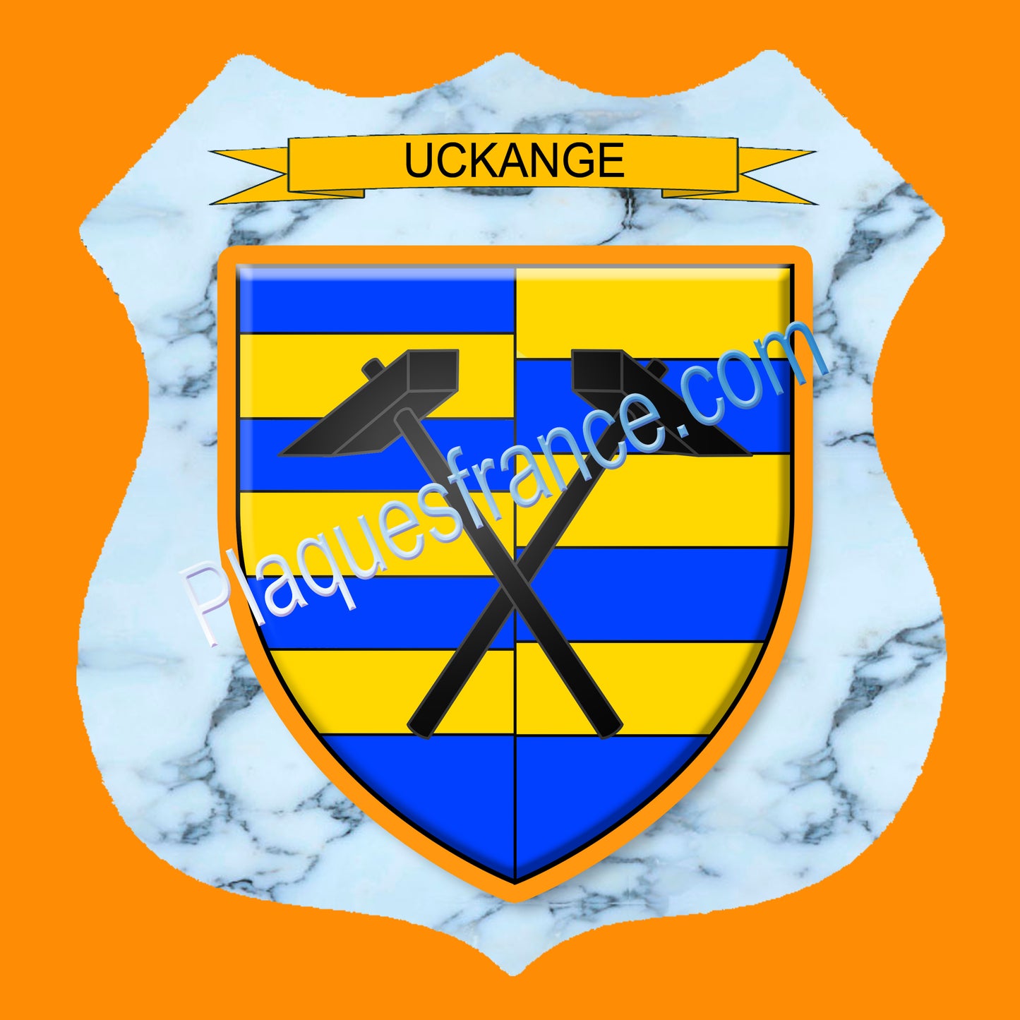 Plaque métal décorative format écusson Ø 30cm fond marbre blason Uckange, Moselle 57