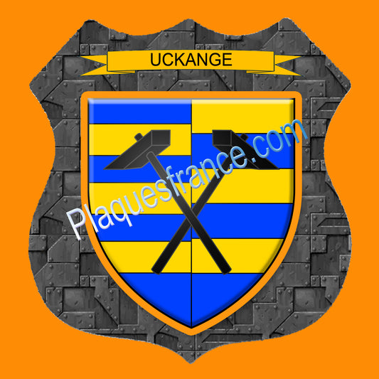 Plaque métal décorative format écusson Ø 30cm fond plaques métal blason Uckange, Moselle 57