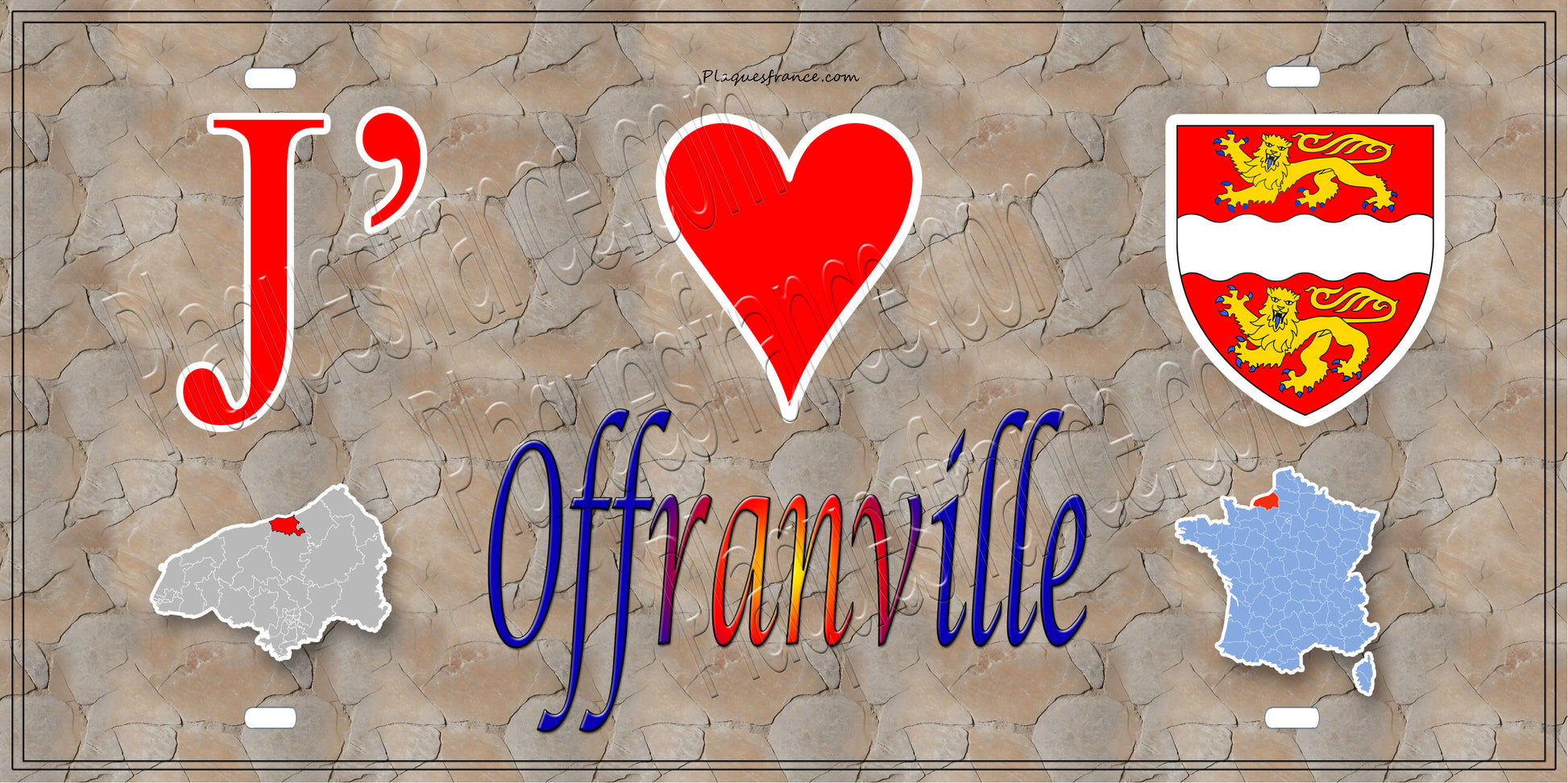 Plaque métal décorative 15x30 J' ❤️ Offranville, Seine Maritime (76) antque carte