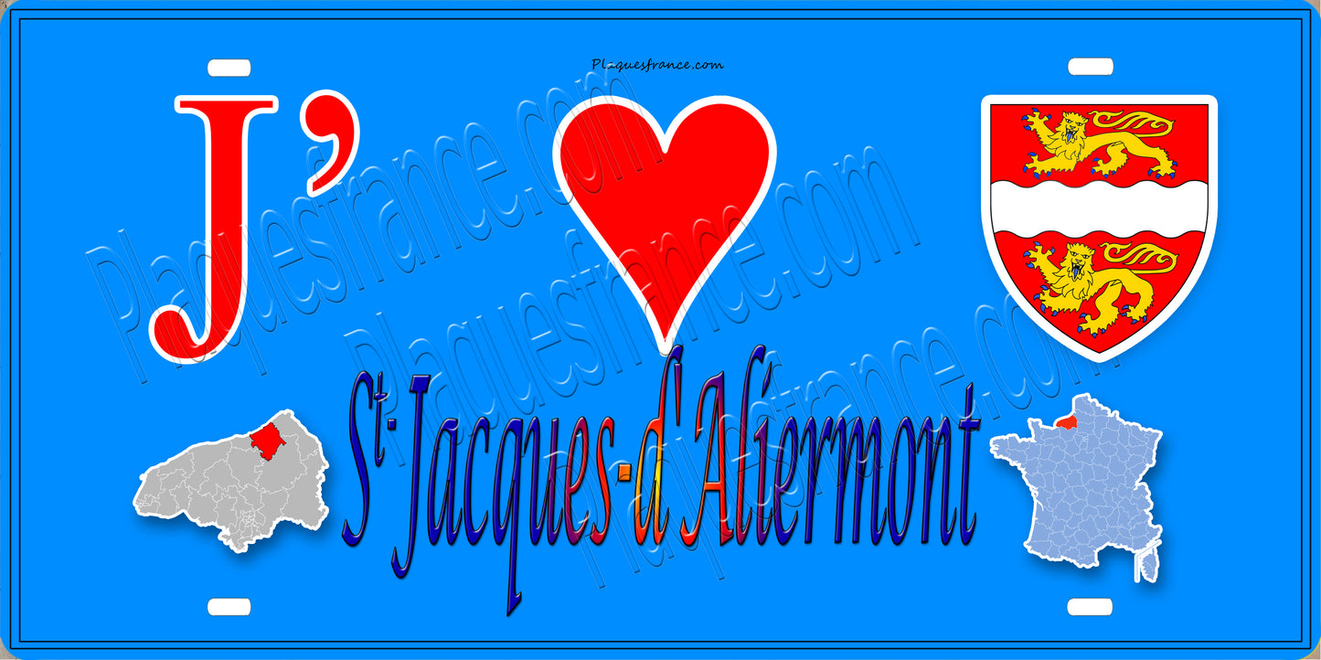 Plaque métal décorative 15x30 J' ❤️ Saint-Jacques-d'Aliermont, Seine Maritime (76) bleu carte
