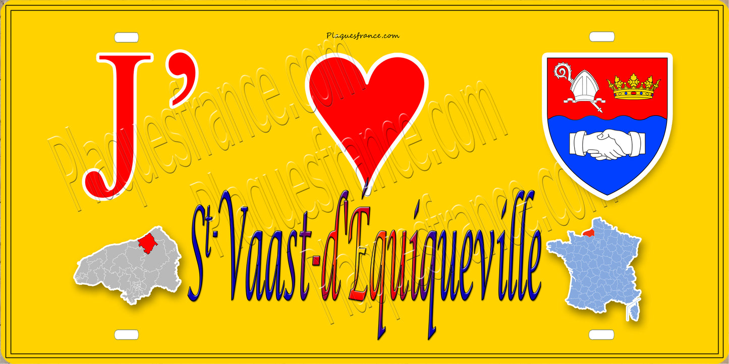 Plaque métal décorative  J' ❤️ Saint-Vaast-d'Equiqueville, Seine Maritime (76) jaune carte