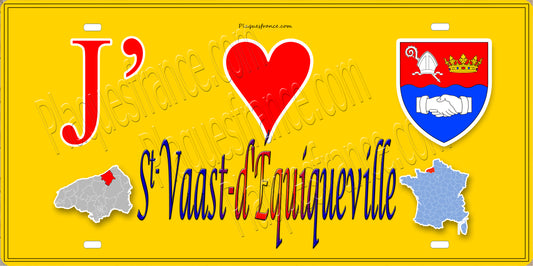 Plaque métal décorative  J' ❤️ Saint-Vaast-d'Equiqueville, Seine Maritime (76) jaune carte
