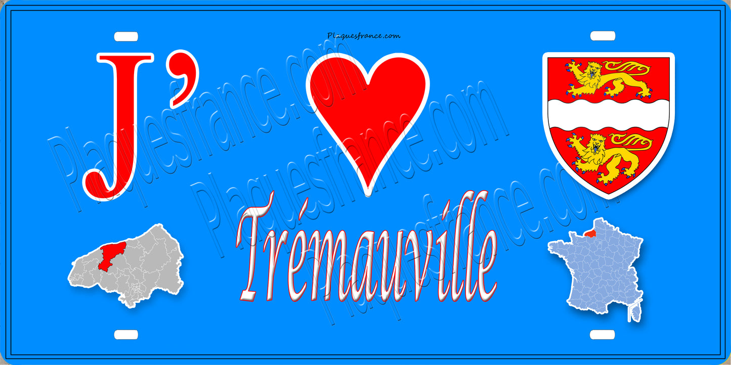 Plaque métal décorative 15X30 J' ❤️ Trémauville, Seine Maritime (76) bleu carte