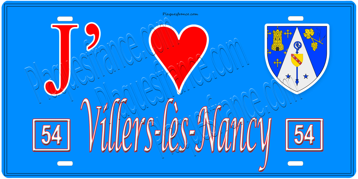 Plaque métal décorative, J' ❤️Villers-lès-Nancy, Meurthe et Moselle, fond  mur bleu 54