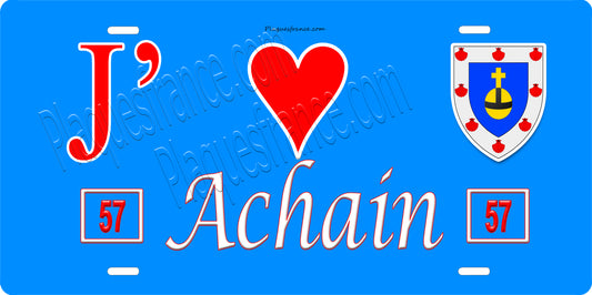 Plaque métal décorative 15 x 30 cm fond bleu 57 J' ❤️ Achain, canton du Saulnois Moselle 57