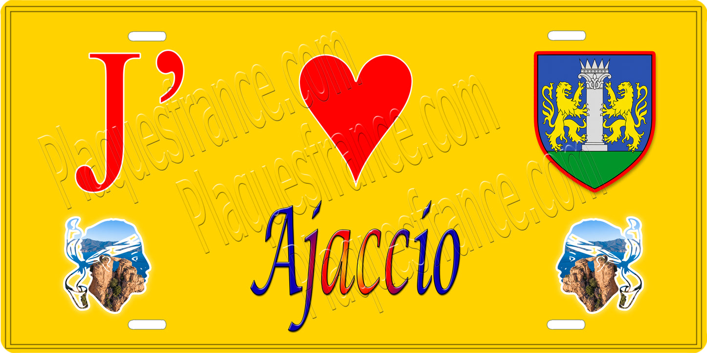 Plaque métal décorative 15 x 30 cm fond jaune J' ❤️ Ajaccio Corse Corse du Sud