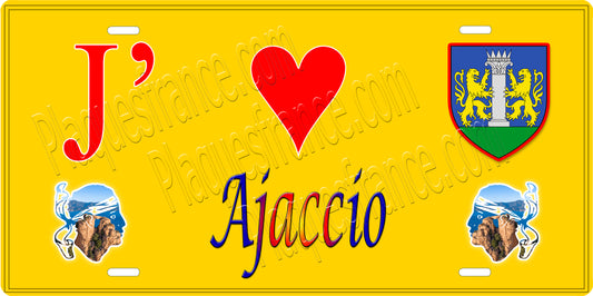 Plaque métal décorative 15 x 30 cm fond jaune J' ❤️ Ajaccio Corse Corse du Sud