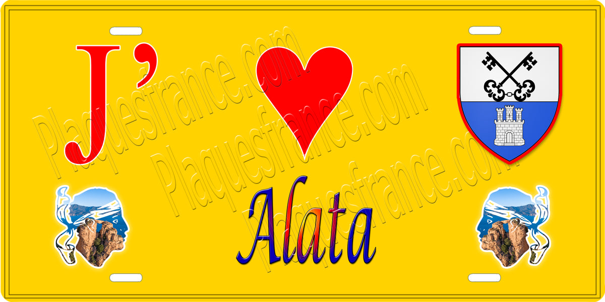 Plaque métal décorative 15 x 30 cm fond mur jaune J' ❤️ Alata canton Ajaccio  Corse du Sud - Plaquesfrance.com