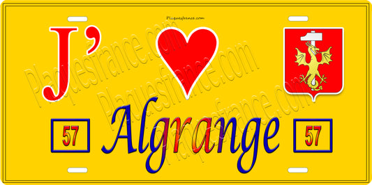 Plaque métal décorative 15 x 30 cm fond jaune J' ❤️ Algrange Canton de Algrange  Moselle 57