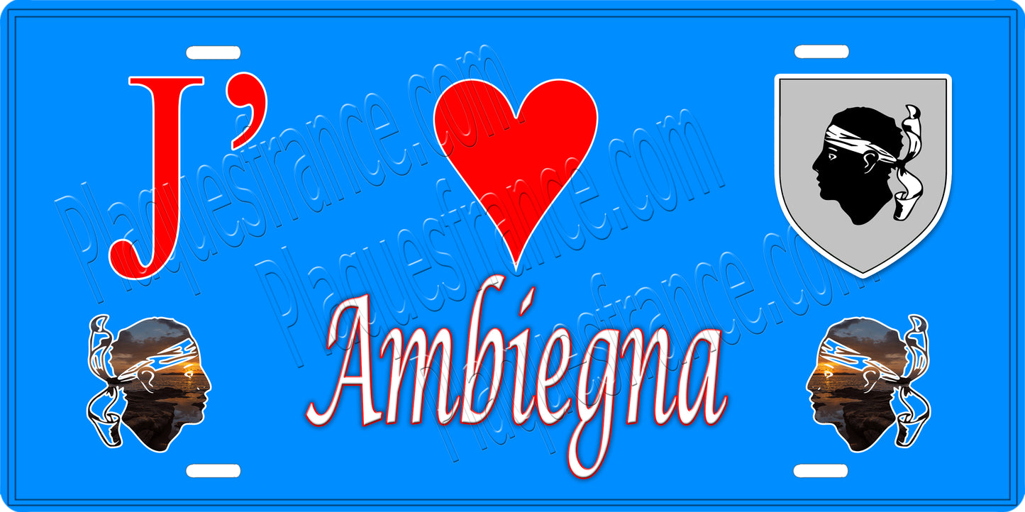 Plaque métal décorative 15 x 30 cm fond  bleu J' ❤️ Ambiegna Canton de Sevi-Sorru-Cinarca Corse du Sud