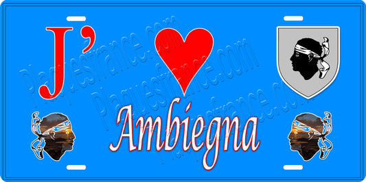 Plaque métal décorative 15 x 30 cm fond  bleu J' ❤️ Ambiegna Canton de Sevi-Sorru-Cinarca Corse du Sud