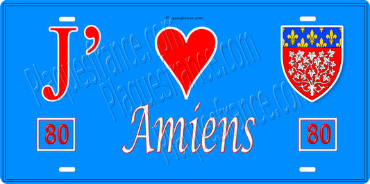Plaque métal décorative 15 x 30 cm fond bleu 80 J' ❤️ Amiens, Somme 80