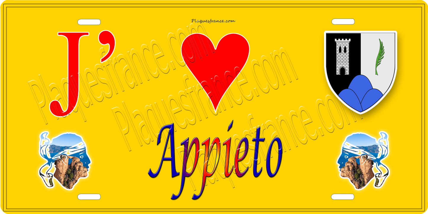 Plaque métal décorative 15 x 30 cm jaune J' ❤️ Appieto canton du Gravona-Prunelli  Corse du Sud