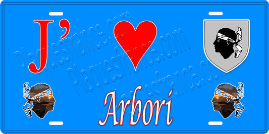 Plaque métal décorative 15 x 30 cm fond  bleu J' ❤️ Arbori Canton de Sevi-Sorru-Cinarca Corse du Sud