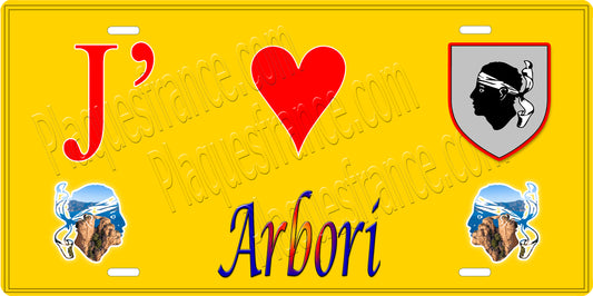 Plaque métal décorative 15 x 30 cm fond  jaune J' ❤️ Arbori Canton de Sevi-Sorru-Cinarca Corse du Sud